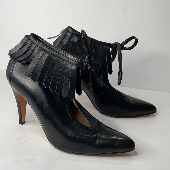 Todd Oldham Lerre black leather fringe ankle tie booties - Picture 1 of 8